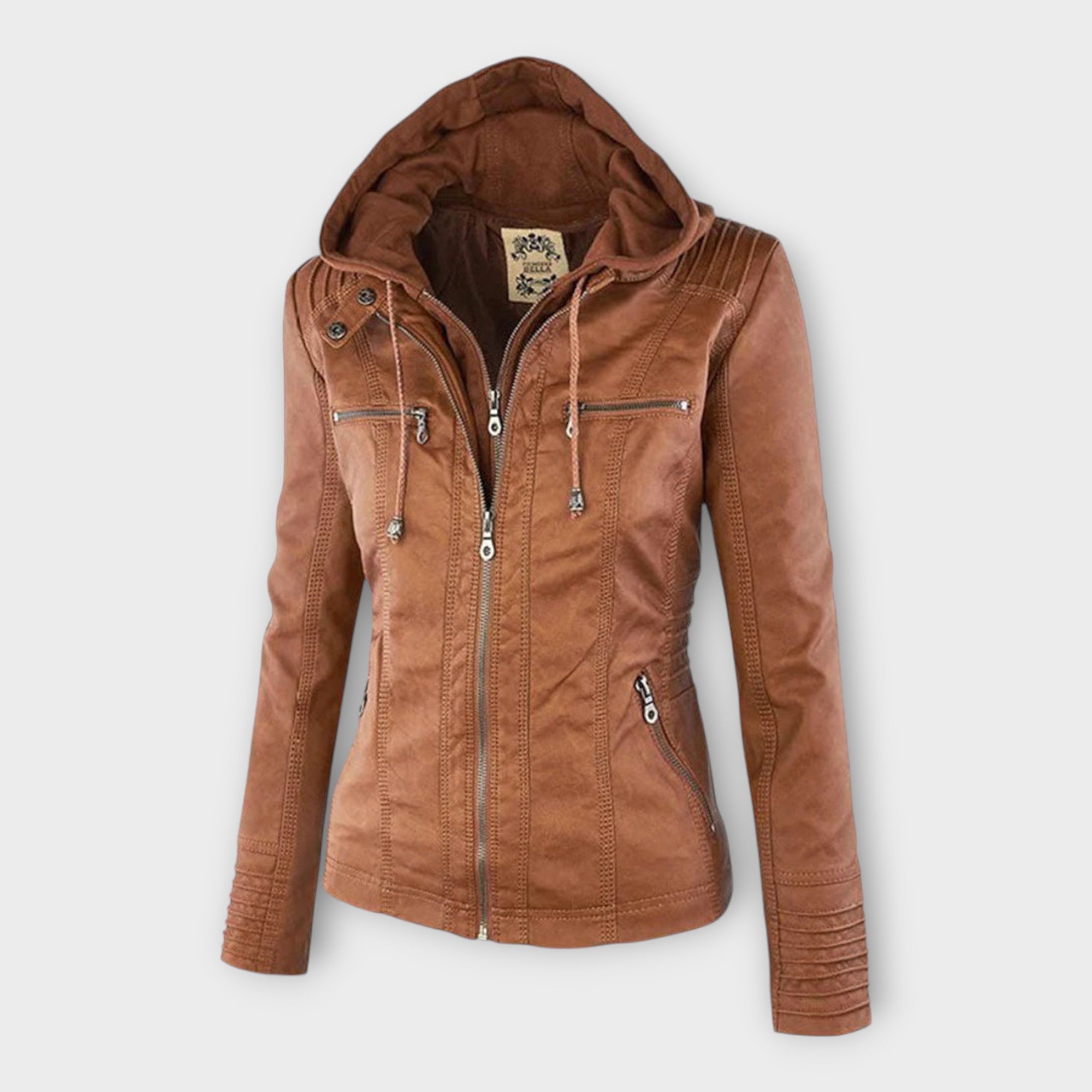 Μοντέρνο δερμάτινο μπουφάν με κουκούλα και διαχρονικό σχέδιο