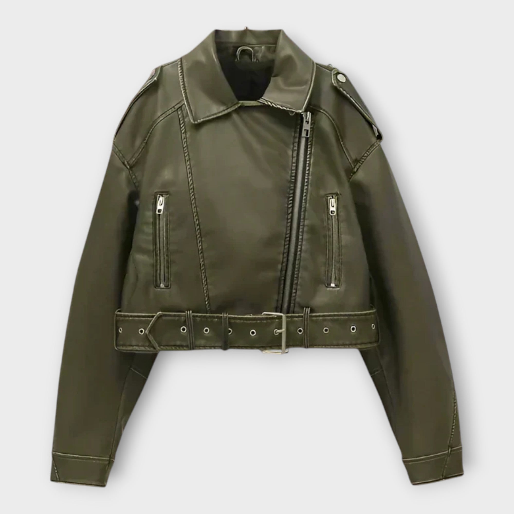 Fashionable Ερμάτινη Ζακέτα με Ζώνη και Εκλεπτυσμένη Αesthetics