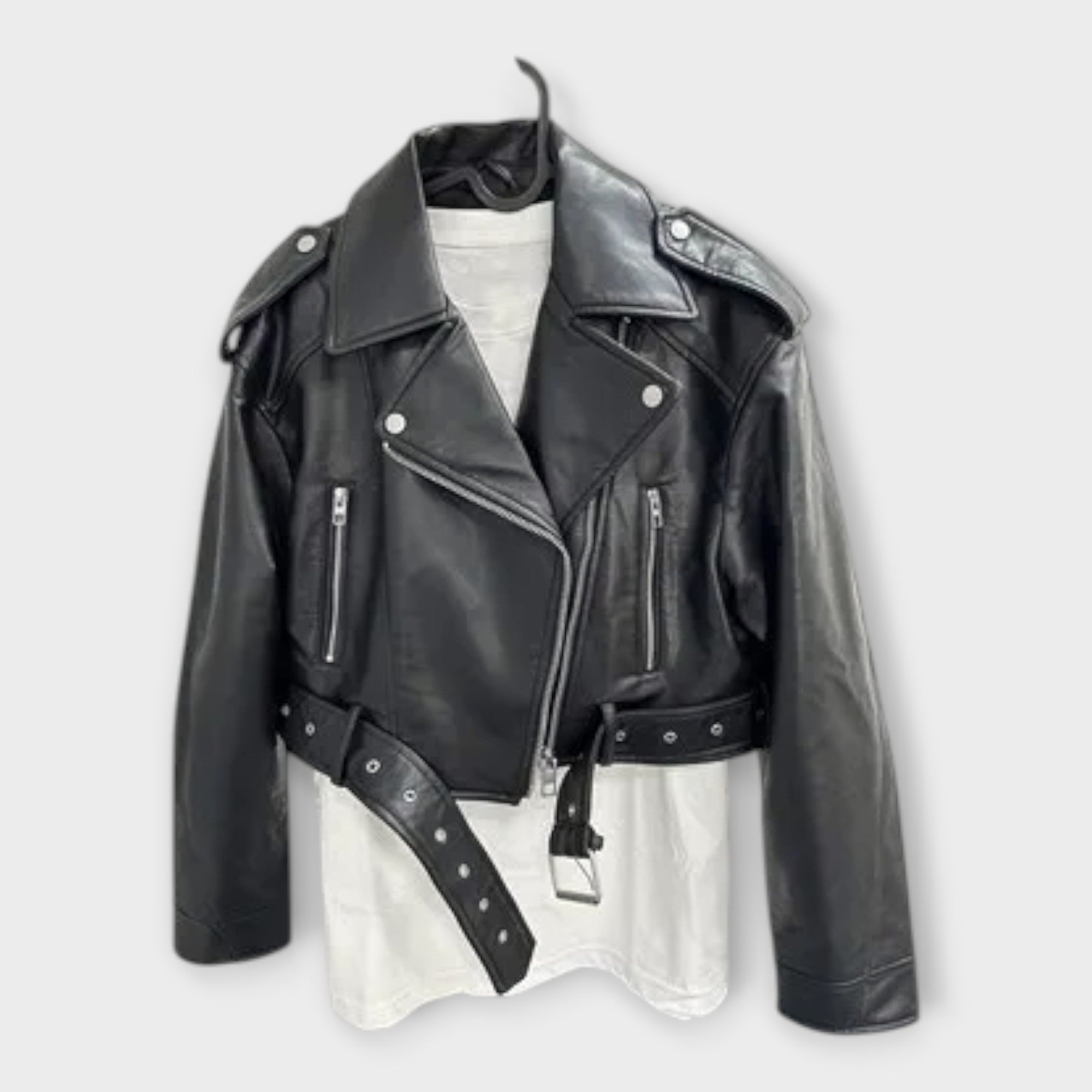 Fashionable Ερμάτινη Ζακέτα με Ζώνη και Εκλεπτυσμένη Αesthetics